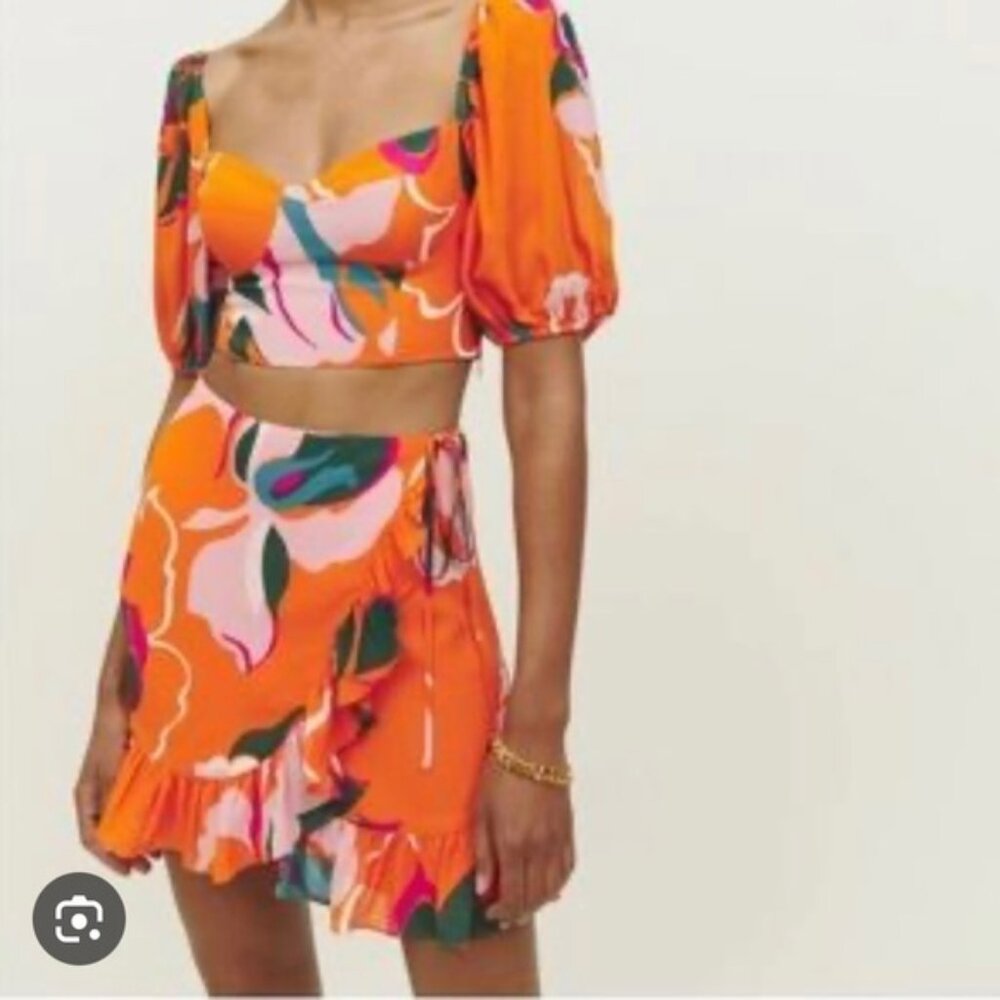 Reformation Matching Skirt Set (puff sleeve top and wrap skirt)